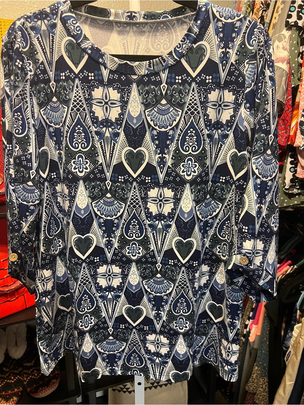Navy Blue Patterned Scoop Neck Top